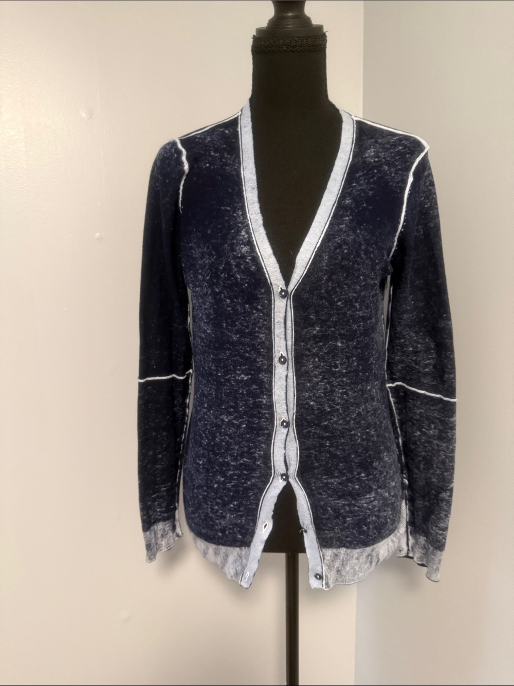 ecru Navy Blue and Light Trim Button-Front Cardigan